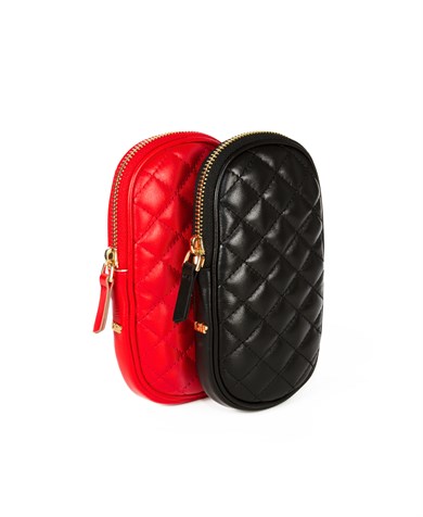 Kapitone Desenli Askılı Deri Mini Çanta Kırmızı