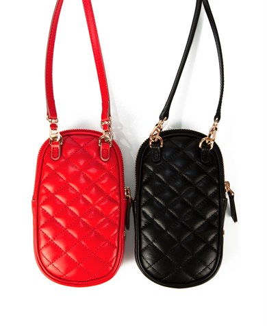 Kapitone Desenli Askılı Deri Mini Çanta Kırmızı