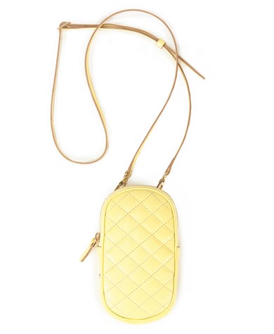 Kapitone Desenli Askılı Deri Mini Çanta Açık Sarı