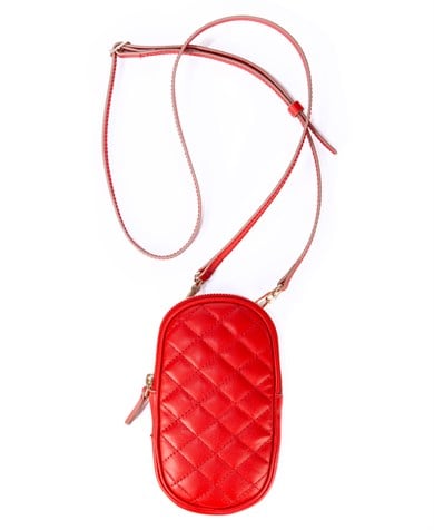 Kapitone Desenli Askılı Deri Mini Çanta Kırmızı
