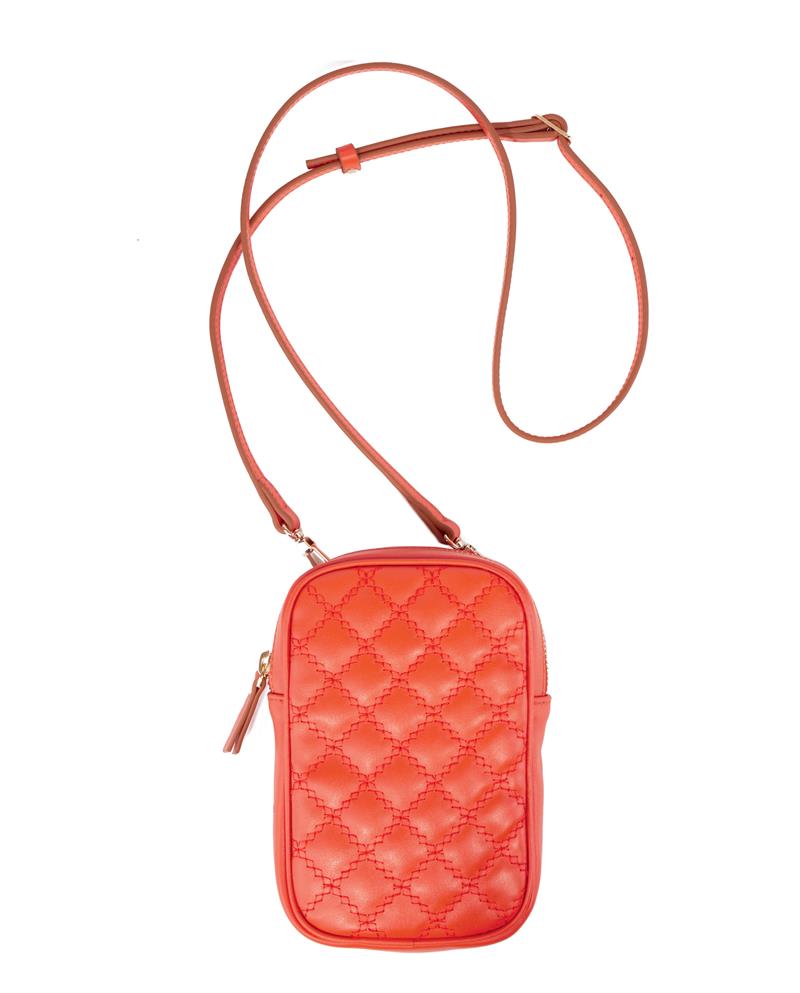 Kapitone Desenli Askılı Deri Telefon Çantası Turuncu