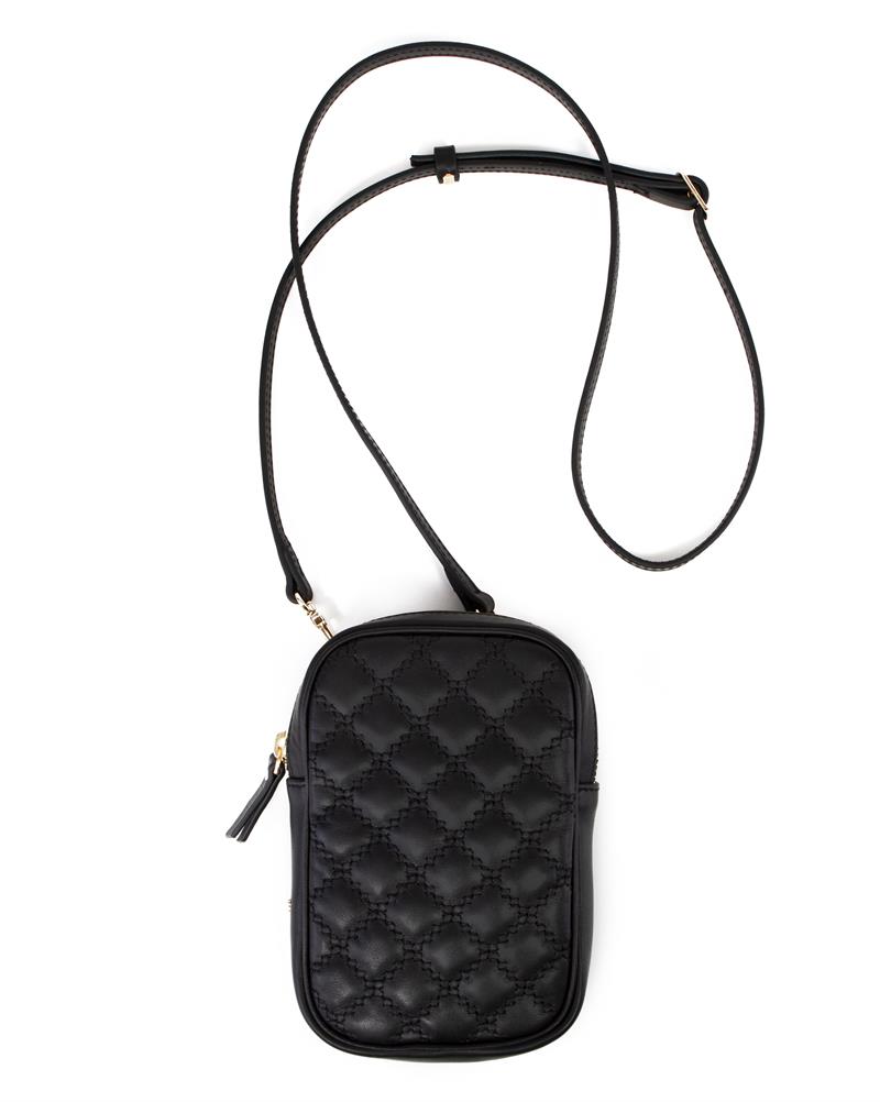 Kapitone Desenli Askılı Deri Telefon Çantası Siyah