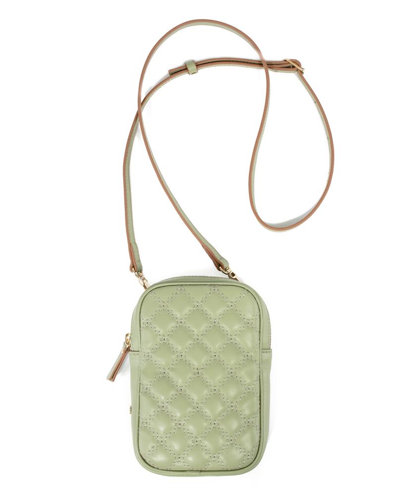 Kapitone Desenli Askılı Deri Telefon Çantası Açık Yeşil