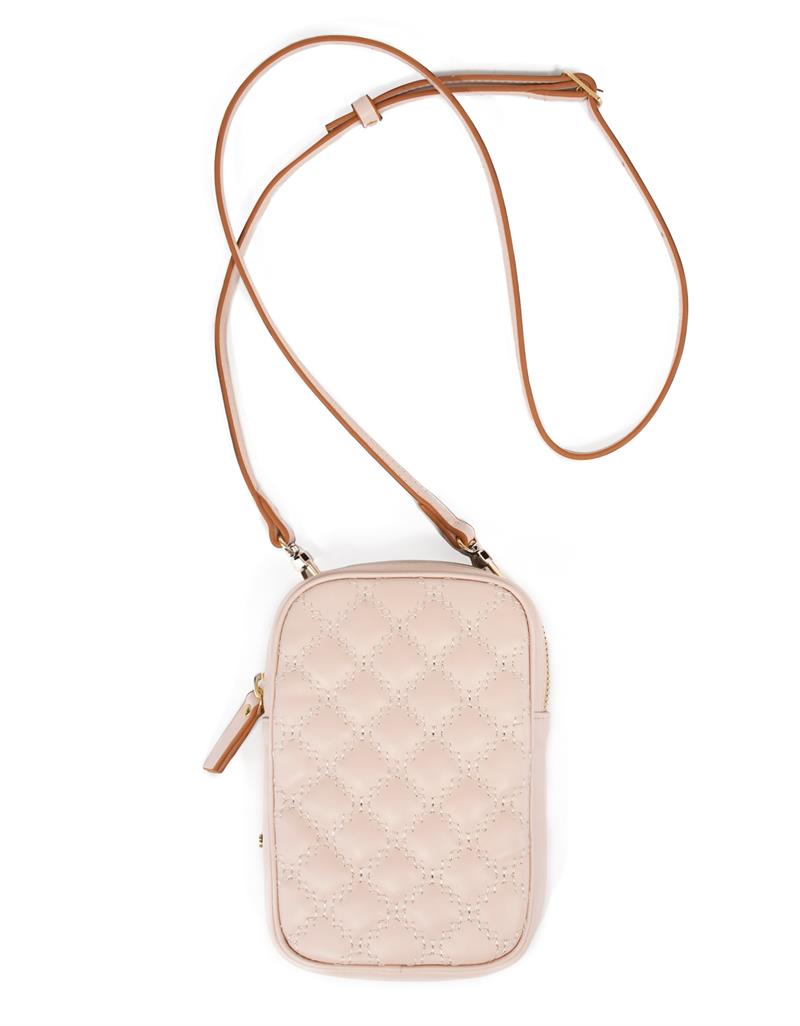Kapitone Desenli Askılı Deri Telefon Çantası Açık Krem