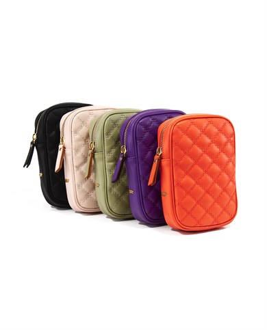 Kapitone Desenli Askılı Deri Telefon Çantası Mor