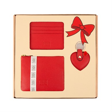 Kırmızı Deri Mini Çanta, Kartlık, Kalp Anahtarlık Hediye Seti