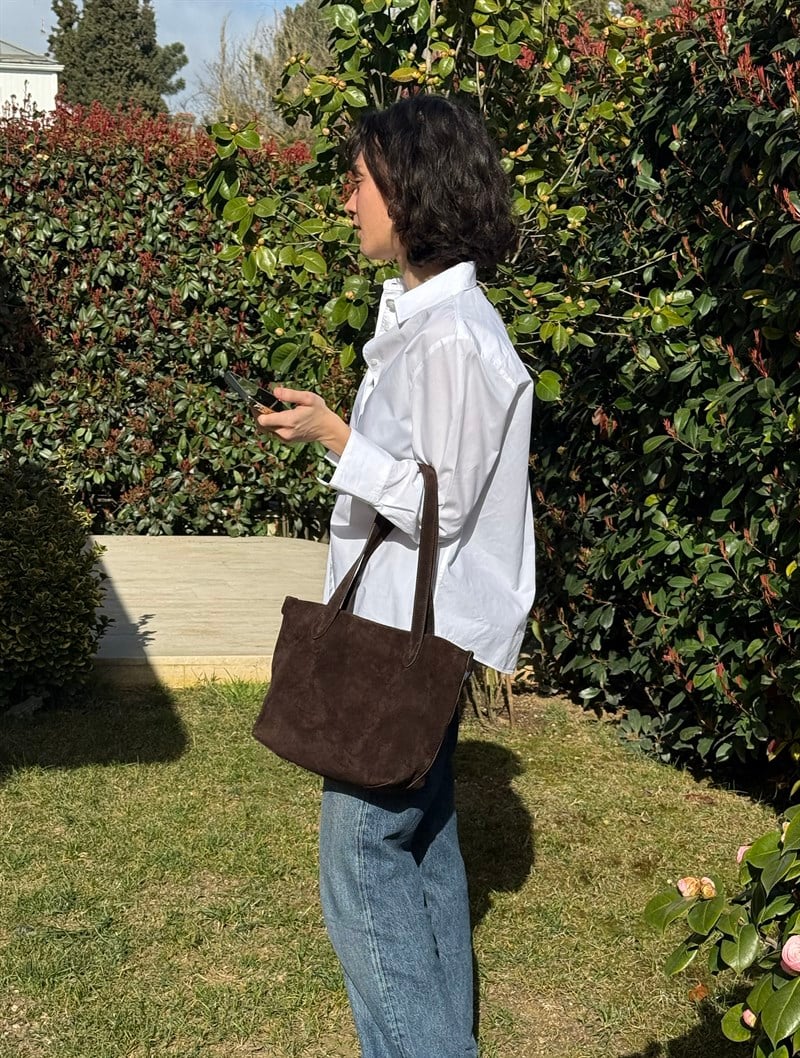 Koyu Kahve Süet Deri Tote Çanta Small