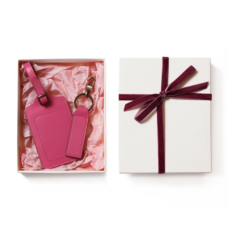 Koyu Pembe Deri Valiz Etiketi ve Anahtarlık Hediye Kutusu