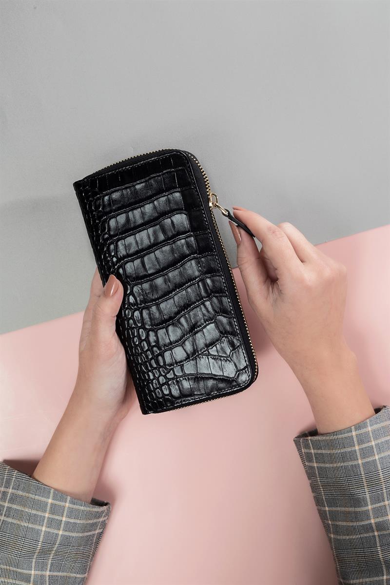 Kroko Baskılı Deri Dikdörtgen Cüzdan Siyah