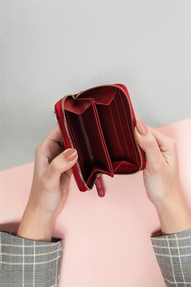 Kroko Deri Mini Cüzdan Kırmızı