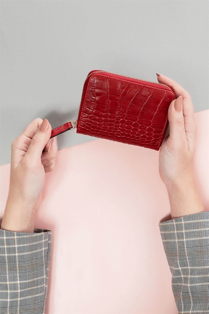 Kroko Deri Mini Cüzdan Kırmızı