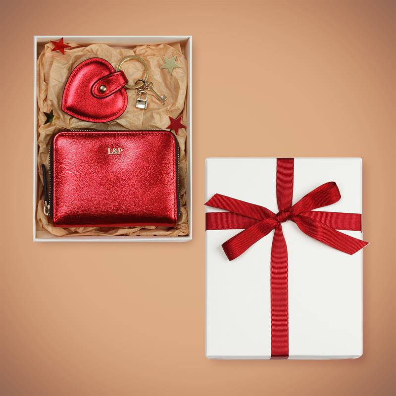 Parlak Kırmızı Deri Mini Cüzdan ve Kalp Anahtarlık Hediye Kutusu