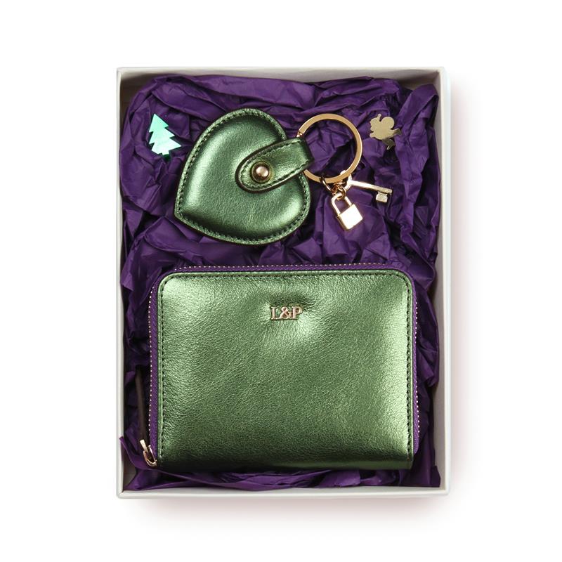Parlak Yeşil Deri Mini Cüzdan ve Kalp Anahtarlık Hediye Kutusu