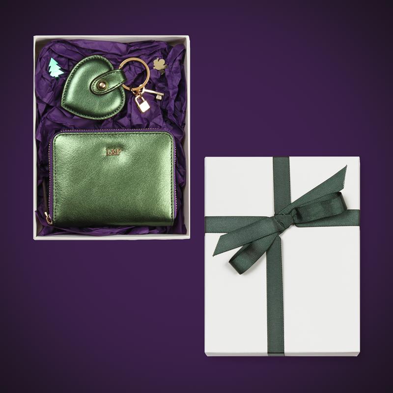 Parlak Yeşil Deri Mini Cüzdan ve Kalp Anahtarlık Hediye Kutusu