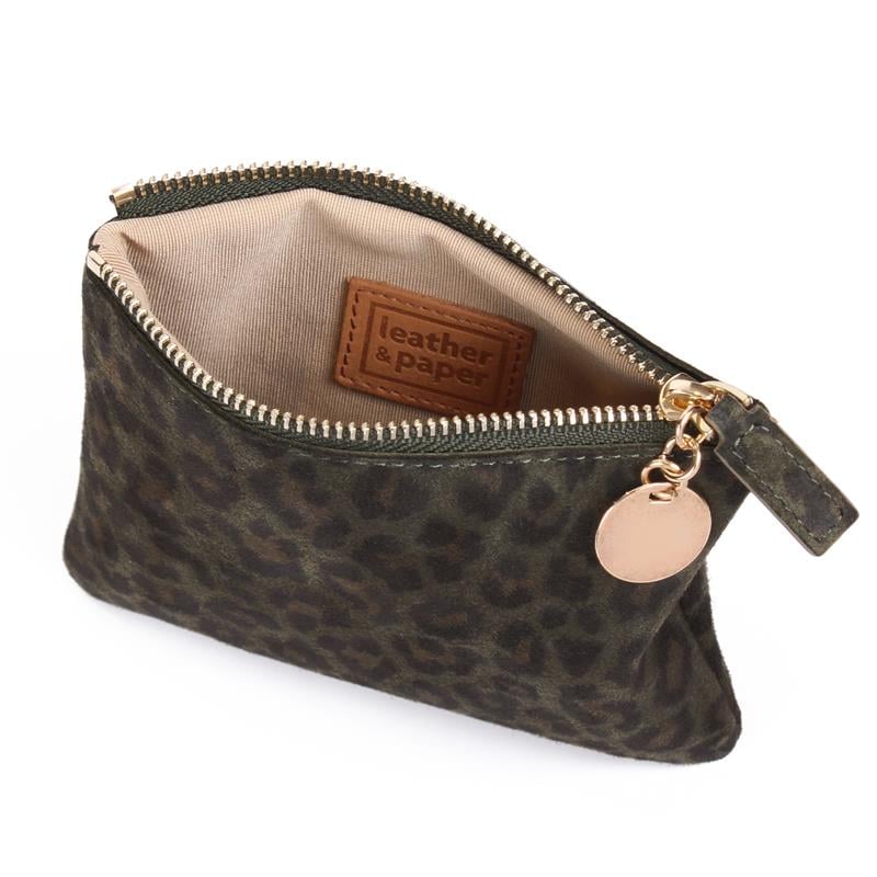 Süet Deri Mini Çanta Leopar Desen Baskılı ve Metal Aksesuarlı Koyu Yeşil