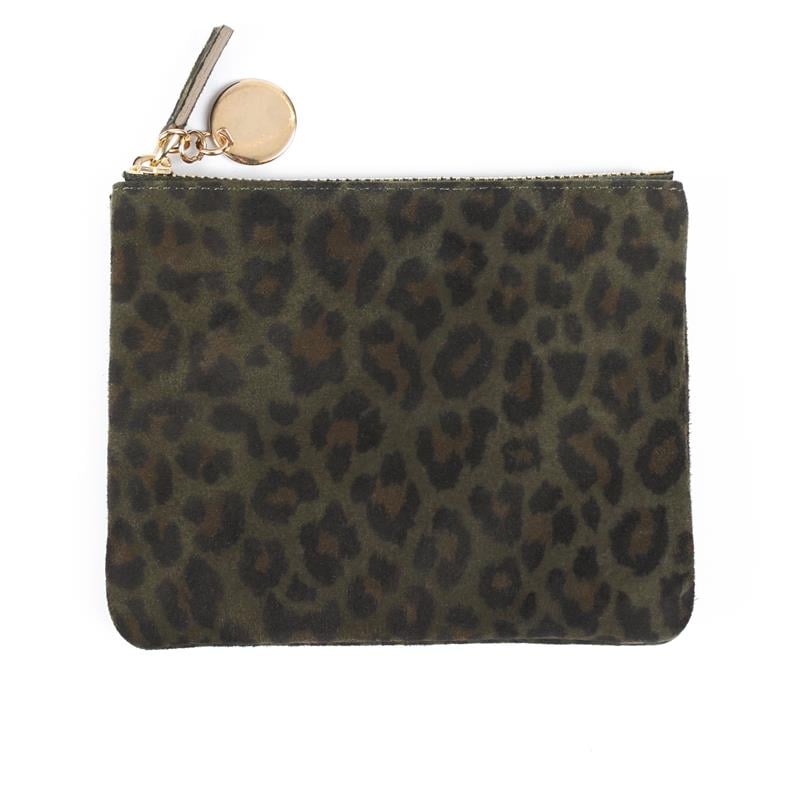 Süet Deri Mini Çanta Leopar Desen Baskılı ve Metal Aksesuarlı Koyu Yeşil