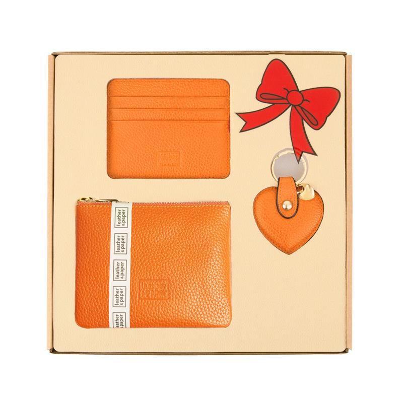 Turuncu Deri Mini Çanta, Kartlık, Kalp Anahtarlık Hediye Seti