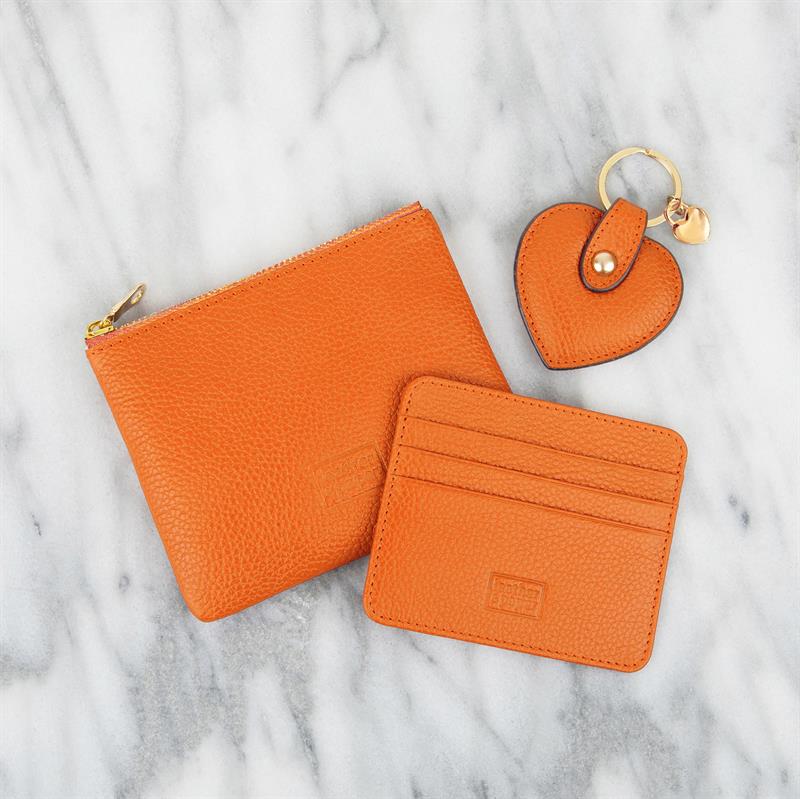 Turuncu Deri Mini Çanta, Kartlık, Kalp Anahtarlık Hediye Seti