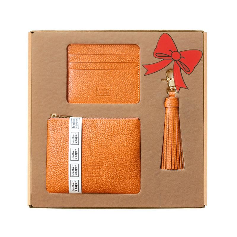 Turuncu Deri Mini Çanta, Kartlık, Püskül Aksesuar Hediye Seti