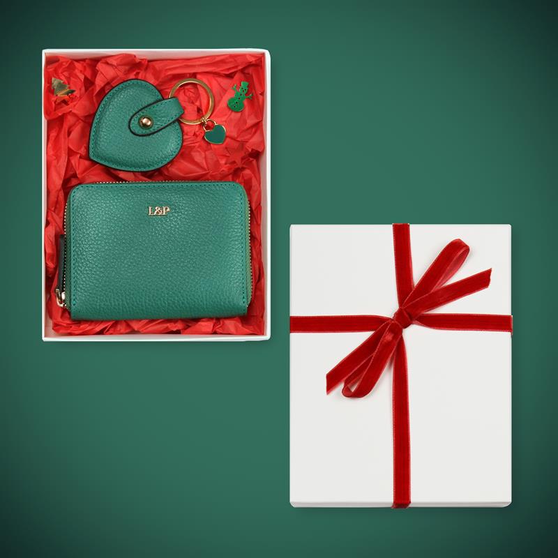 Zümrüt Yeşil Deri Mini Cüzdan ve Kalp Anahtarlık Hediye Kutusu