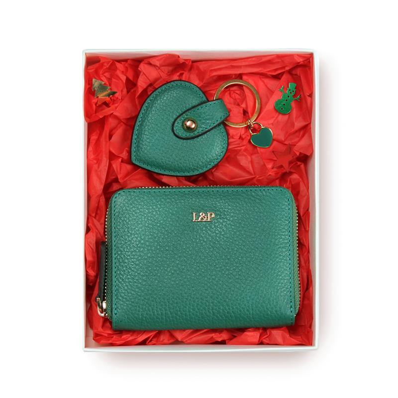 Zümrüt Yeşil Deri Mini Cüzdan ve Kalp Anahtarlık Hediye Kutusu