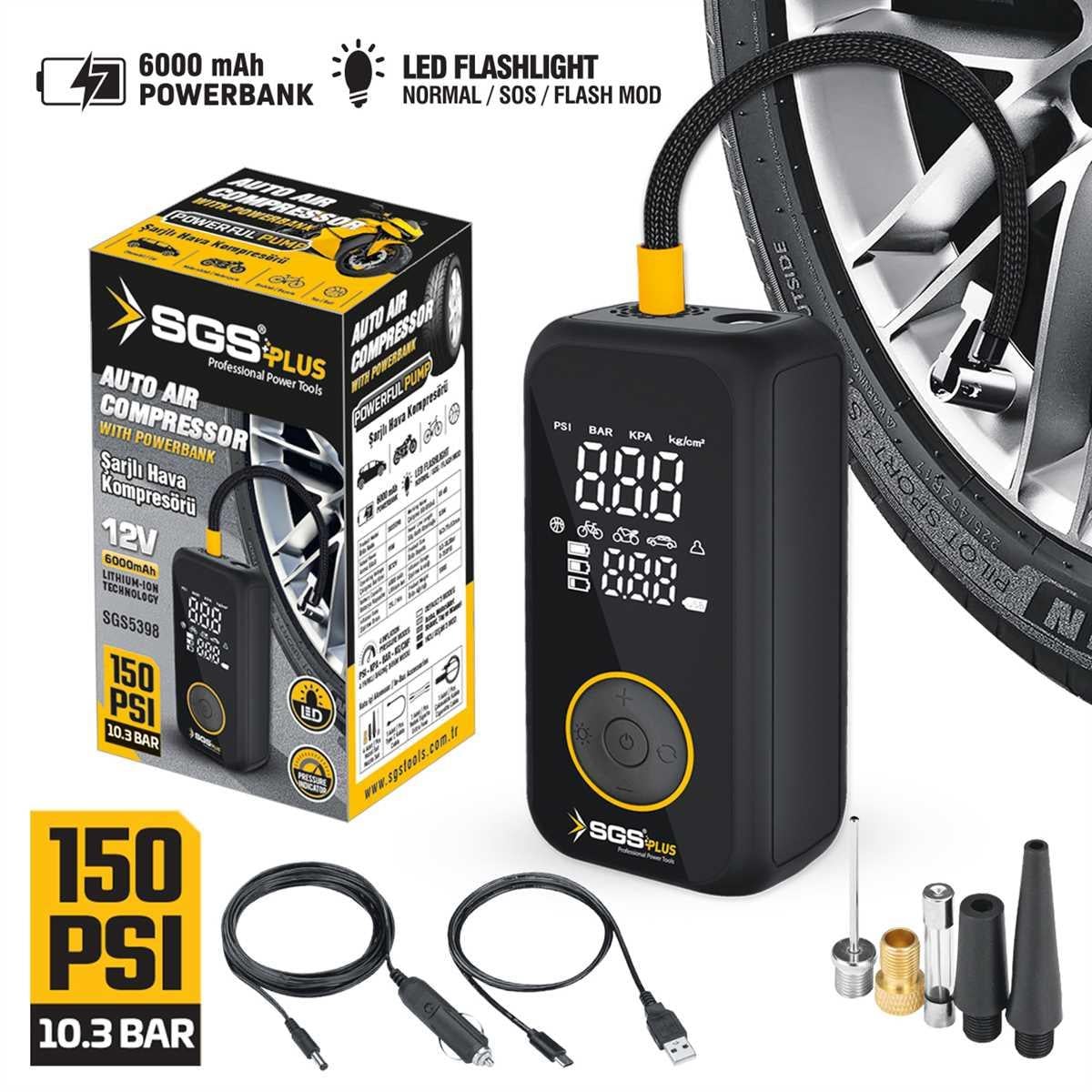 Sgs Şarjlı Hava Kompresörü Dijital 12V 6.0Ah 150PSI SGS5398