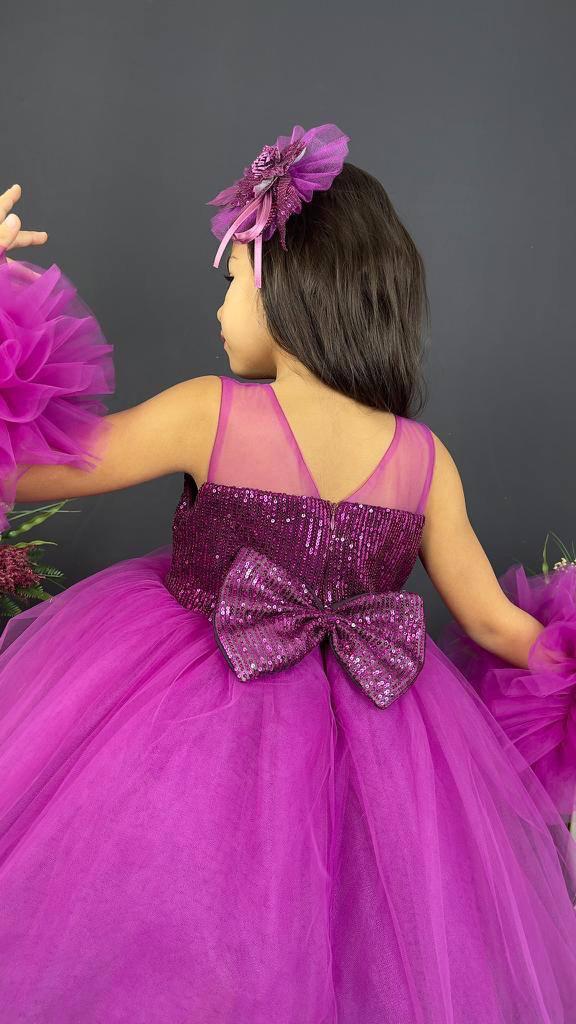 Fuşya Ponpon Kollu Pullu Kız Çocuk Abiye 