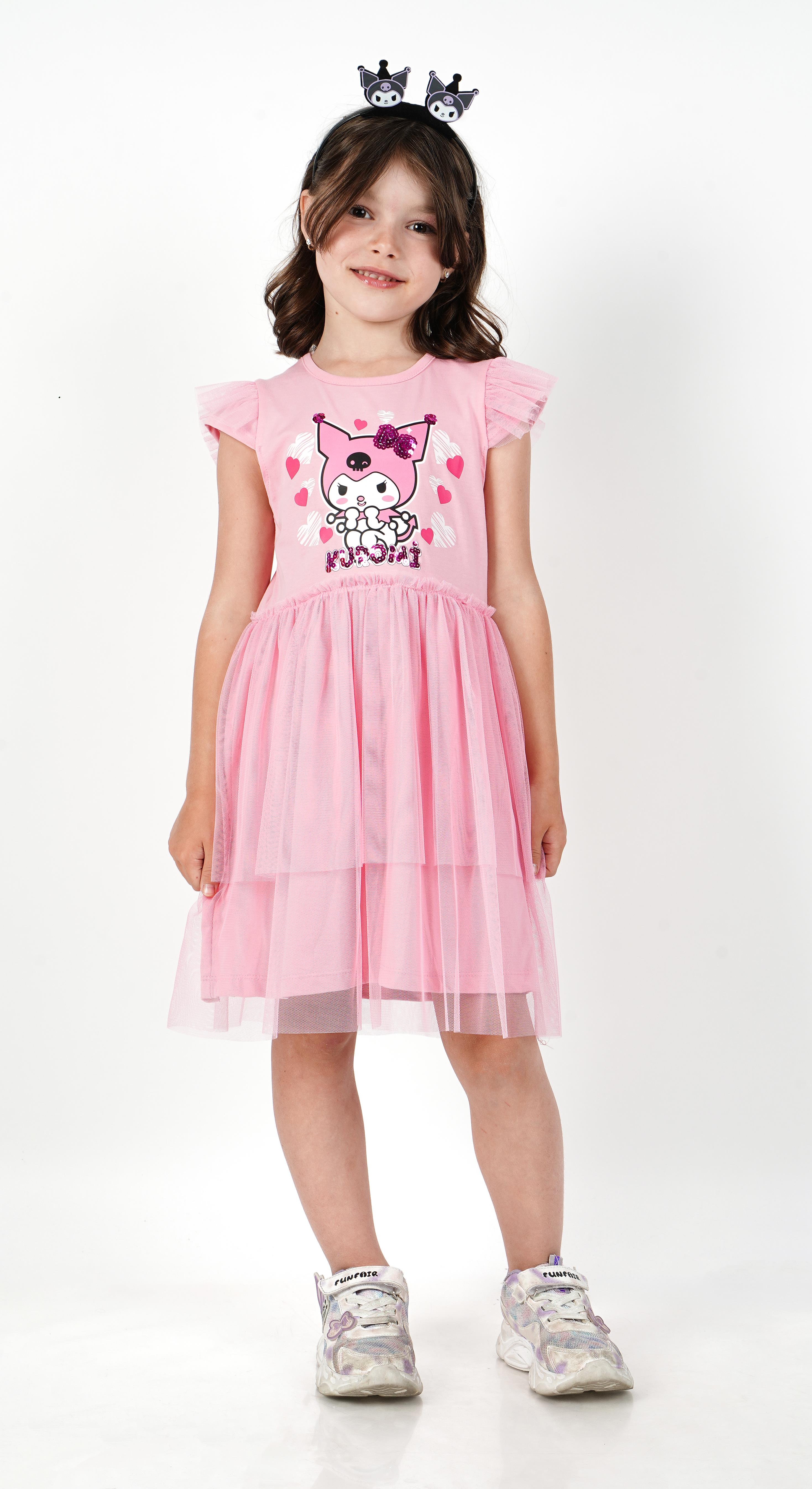 Kuromi Pembe Tül Detaylı Kısa Kollu Kız Çocuk Elbisesi