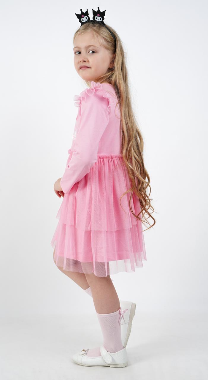 Kuromi Pembe Tül Detaylı Kız Çocuk Elbisesi