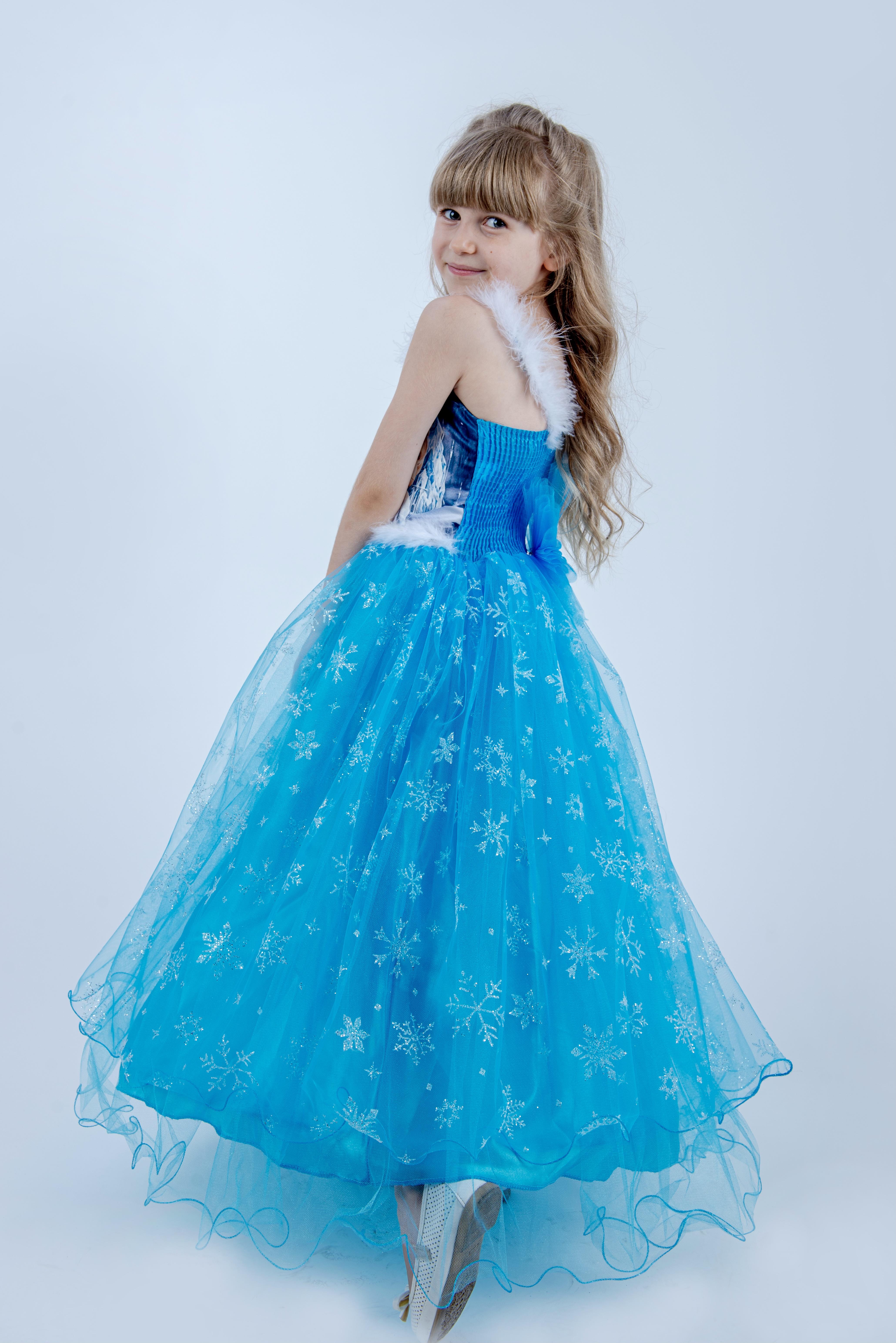 Mavi Uzun Kasnaklı Kız Çocuk Parti elbisesi