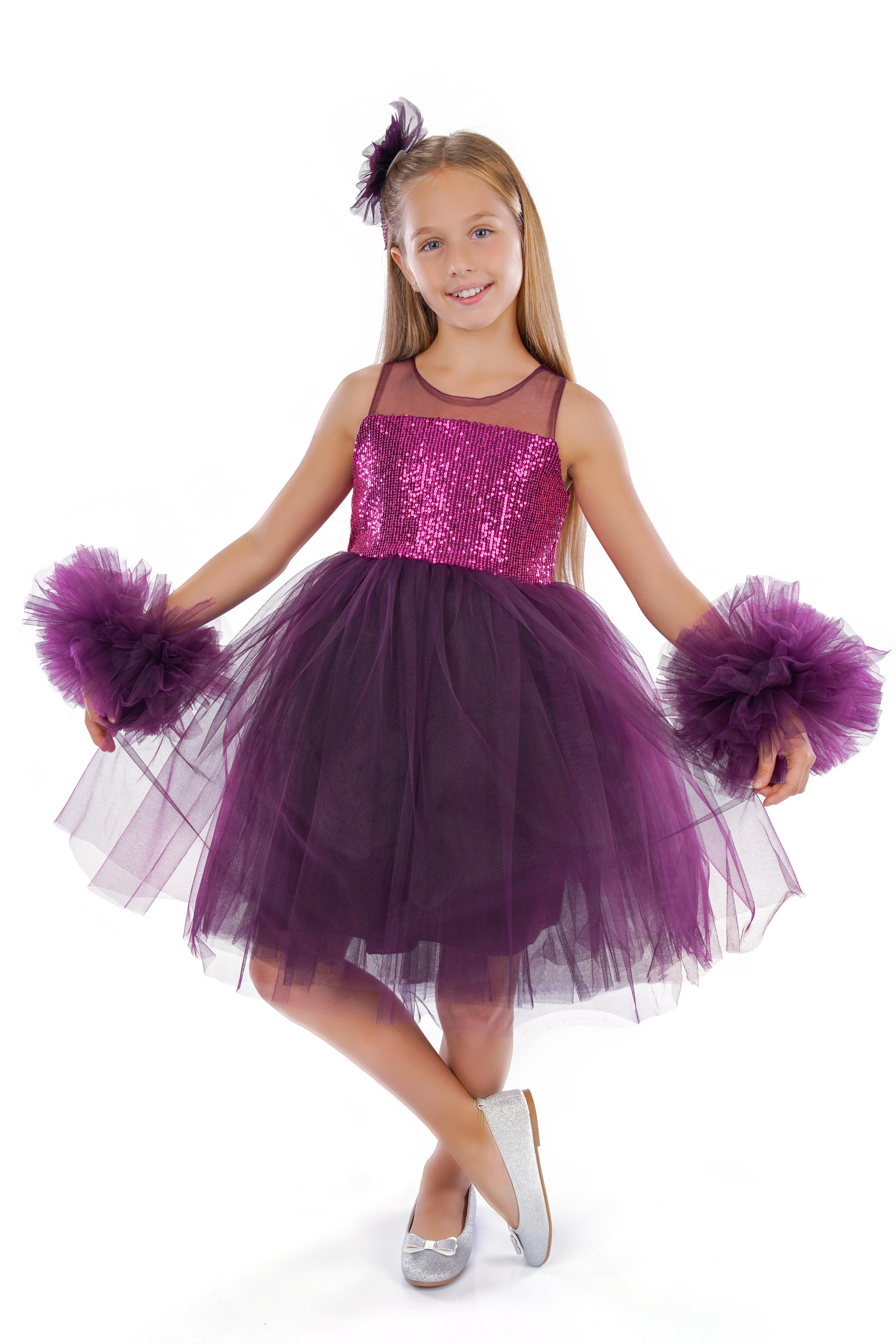 Mor Ponpon Kollu Pullu Kız Çocuk Abiye 