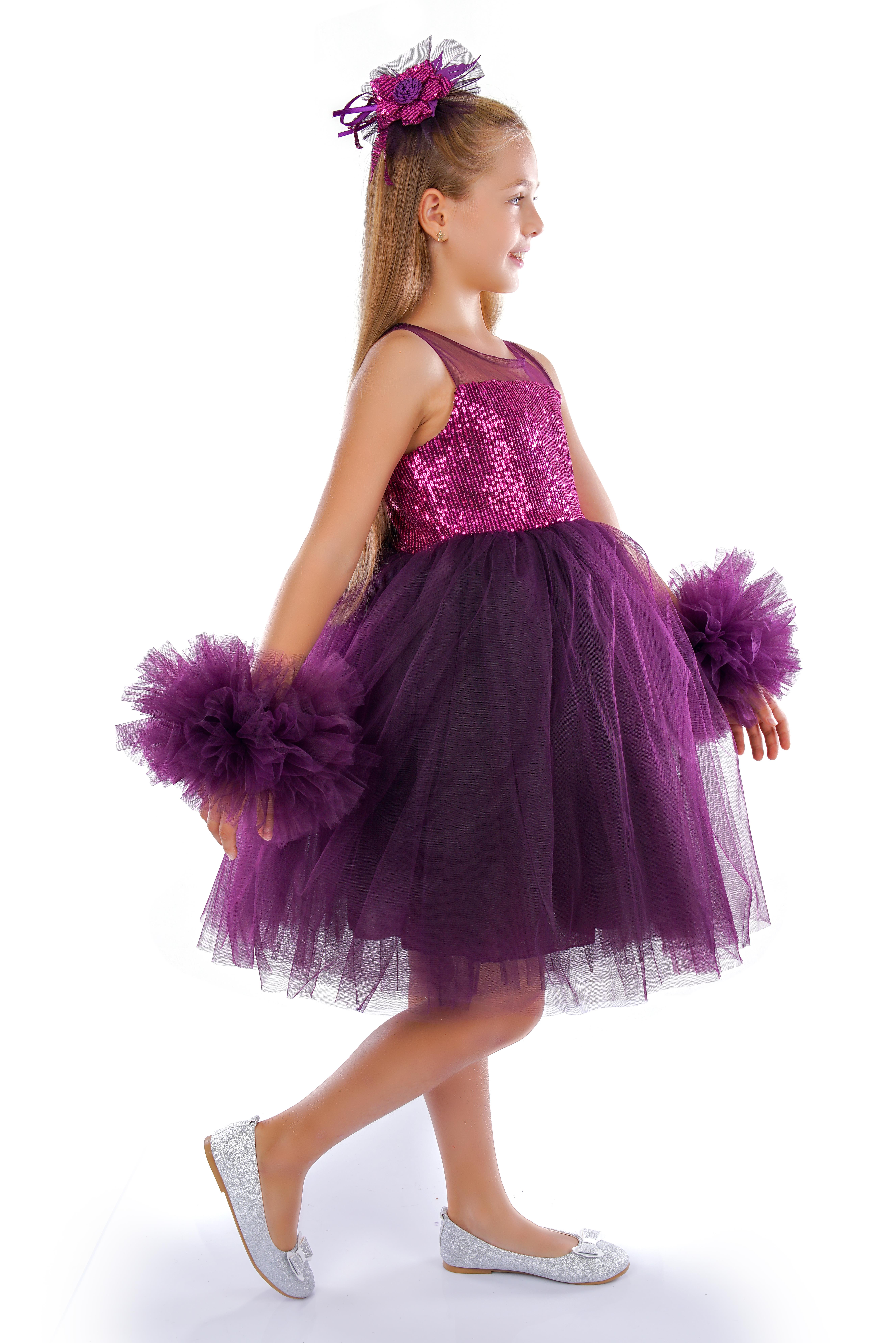 Mor Ponpon Kollu Pullu Kız Çocuk Abiye 