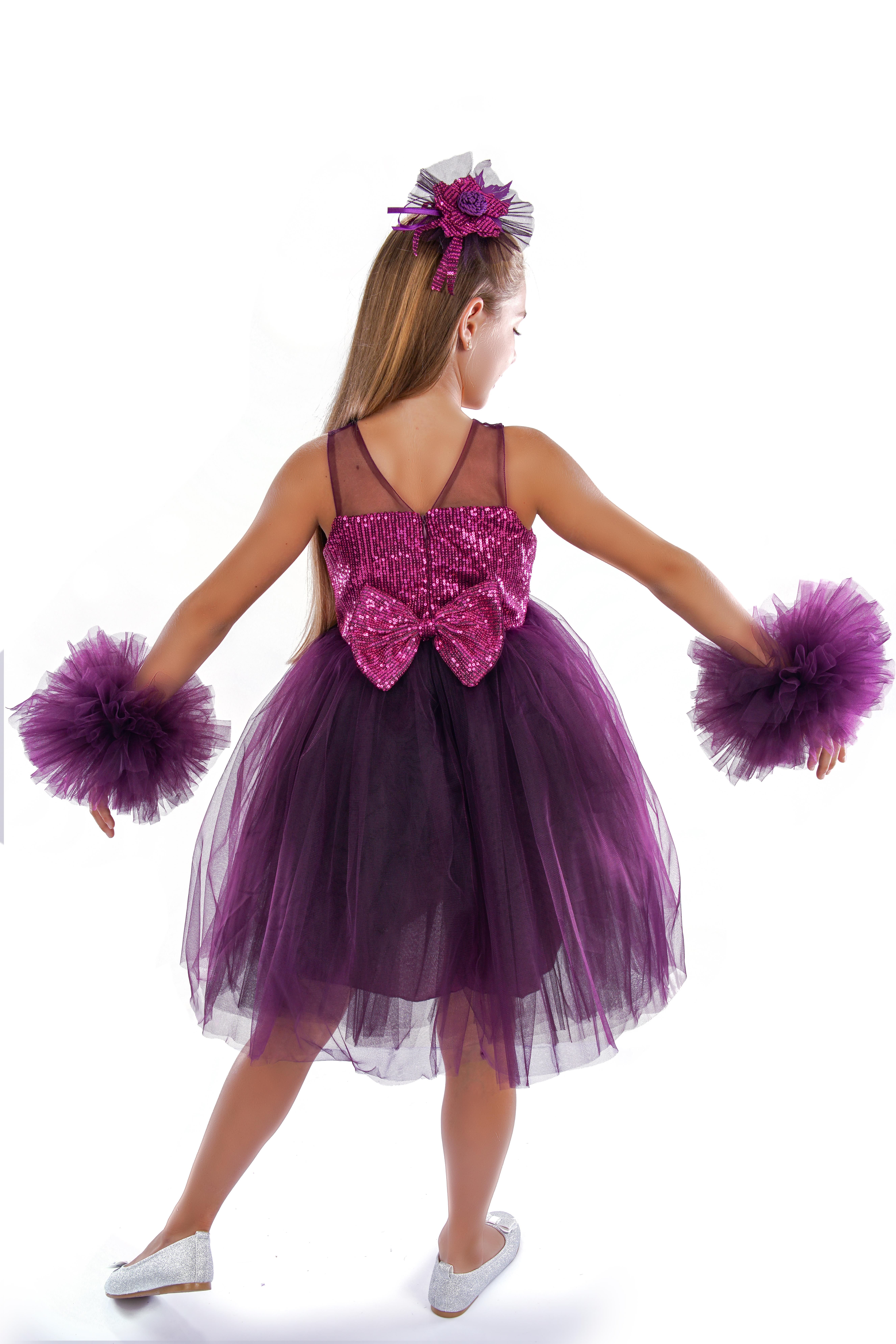 Mor Ponpon Kollu Pullu Kız Çocuk Abiye 