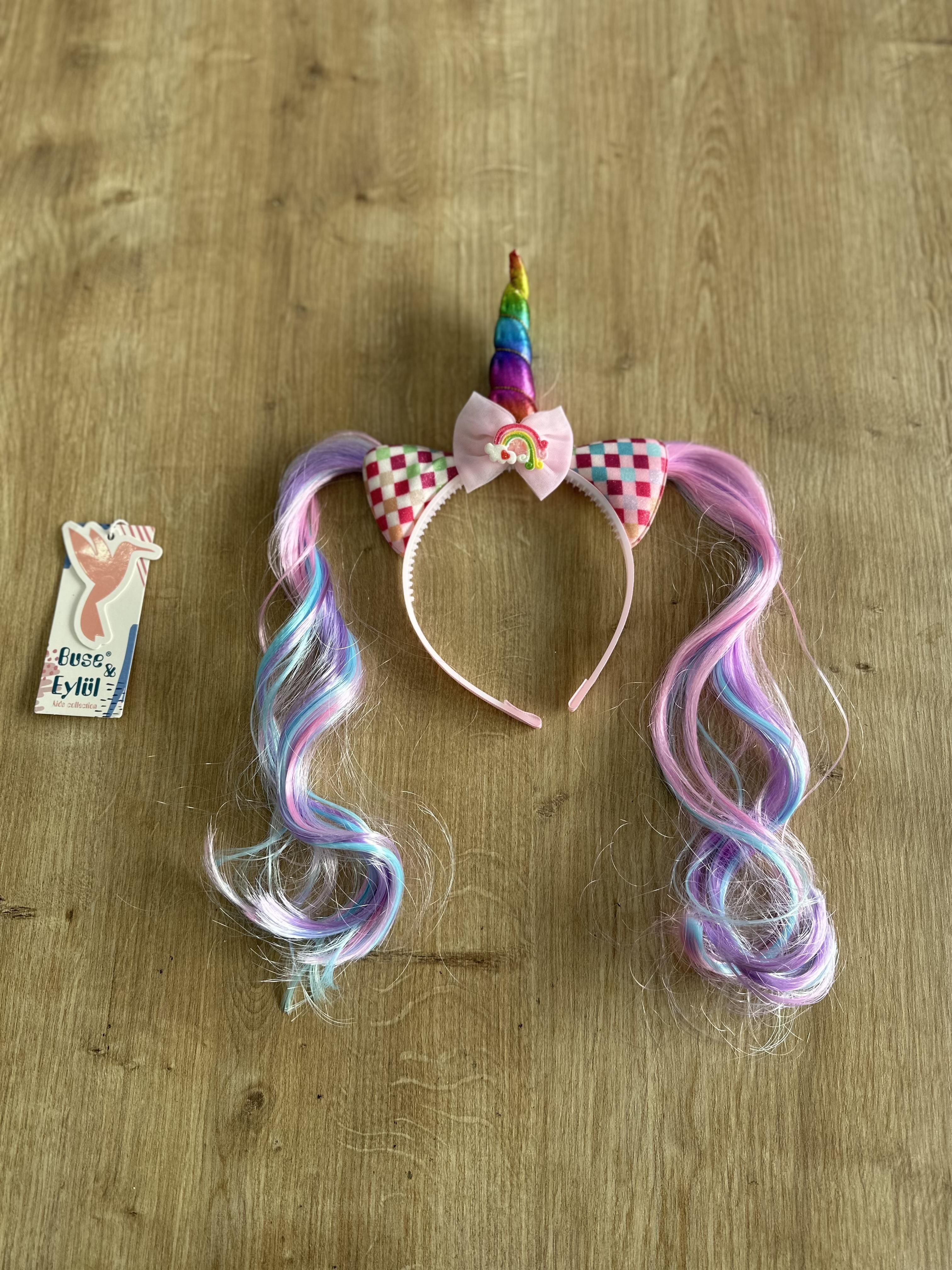 Pembe Unicorn Saçlı Kız Çocuk Tacı