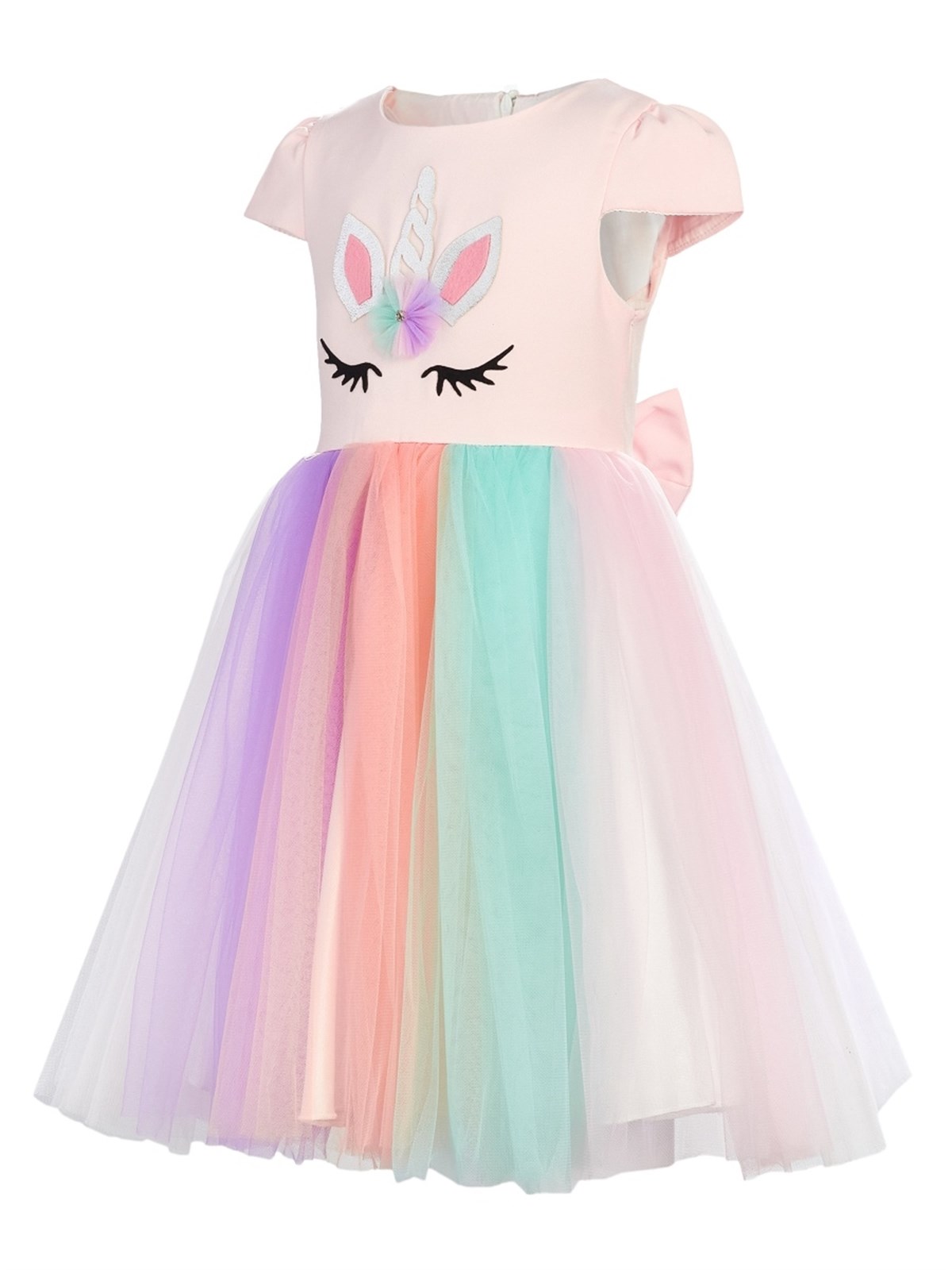 Pembe Unicorn Taçlı Kız Çocuk Parti Elbisesi