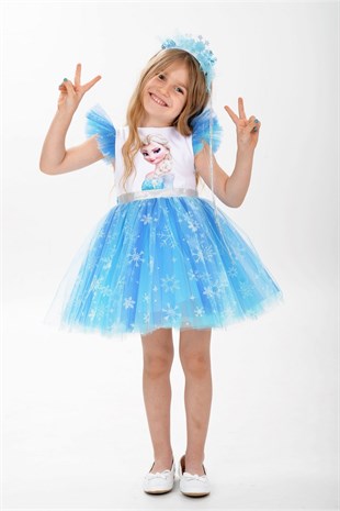  Elsa Karlar Kraliçesi Kar Taneli Taçlı Kız Çocuk Parti Elbisesi