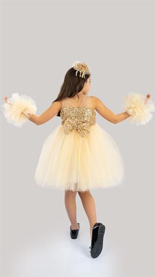 Altın Renkli Ponpon Kollu Kız Çocuk Doğum Günü Parti Elbisesi