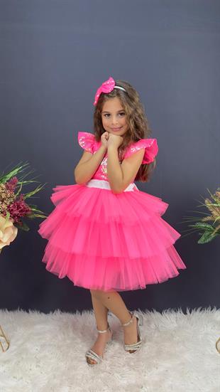 Barbie Taçlı Kız Çocuk Doğum Günü Parti Elbisesi Abiye