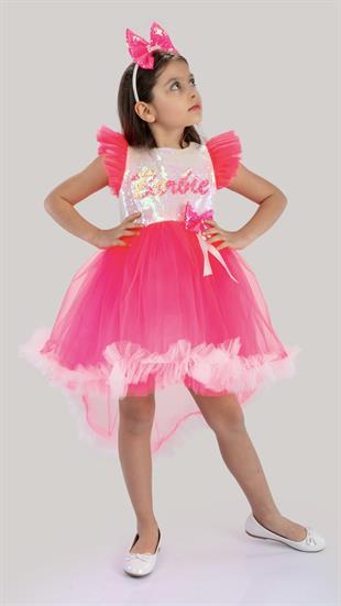 Beyaz Pul Detaylı Kuyruk Etekli Kız Çocuk Doğum Günü Parti Elbisesi 2-9 Yaş