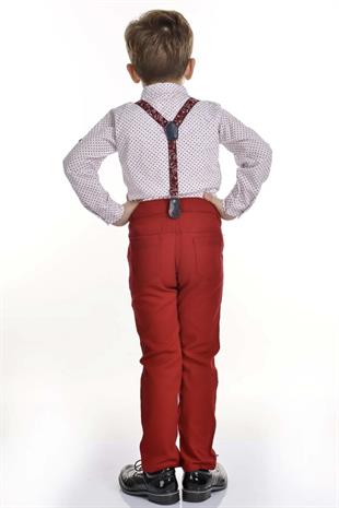 Bordo Desenli Papyonlu Pantolon Askılı Erkek Çocuk Takımı