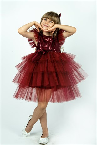 Bordo Pullu Kız Çocuk Parti Elbisesi