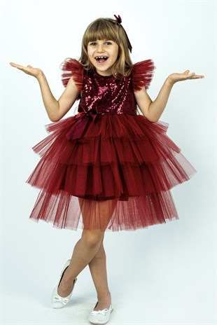 Bordo Pullu Kız Çocuk Parti Elbisesi