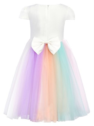 Ekru Unicorn Taçlı Kız Çocuk Parti Elbisesi