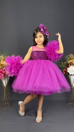 Fuşya Ponpon Kollu Pullu Kız Çocuk Abiye 