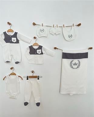 Gri Kral Taç Nakışlı Erkek Bebek 10 Parça Hastane Çıkışı