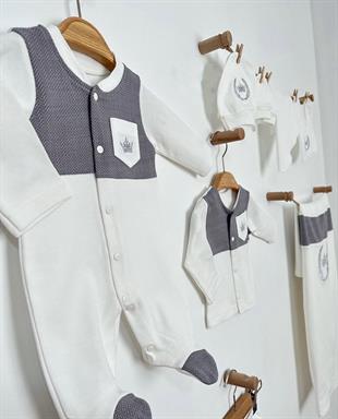 Gri Kral Taç Nakışlı Erkek Bebek 10 Parça Hastane Çıkışı