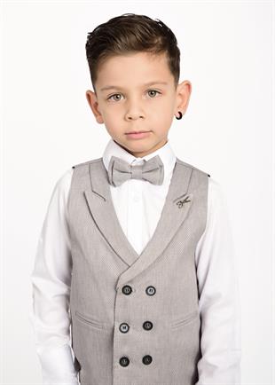 Gri Makas Broş Detaylı Erkek Çocuk Yelekli Smokin Takım