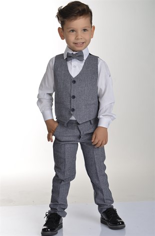 Gri Yelekli Papyonlu Erkek Çocuk Takım Elbise