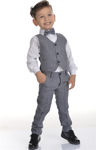 Gri Yelekli Papyonlu Erkek Çocuk Takım Elbise