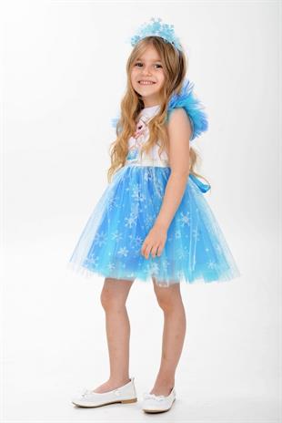 Karlar Kraliçesi Kar Taneli Taçlı Kız Çocuk Parti Elbisesi